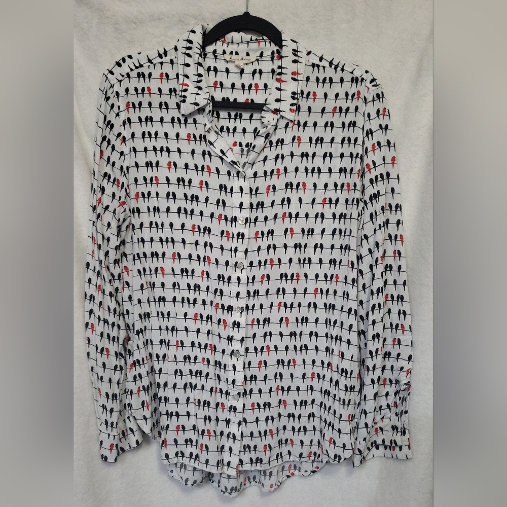 Jane And Delaney Black & Red Birds Long Sleeves Blouse Top Women's Size Large